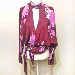 Free People Purple Floral Cutout Wrap Top S